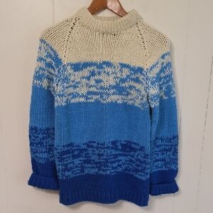 Vintage Handknit Gradient Blue Cream Block Design Chunky Unisex Sweater Women S